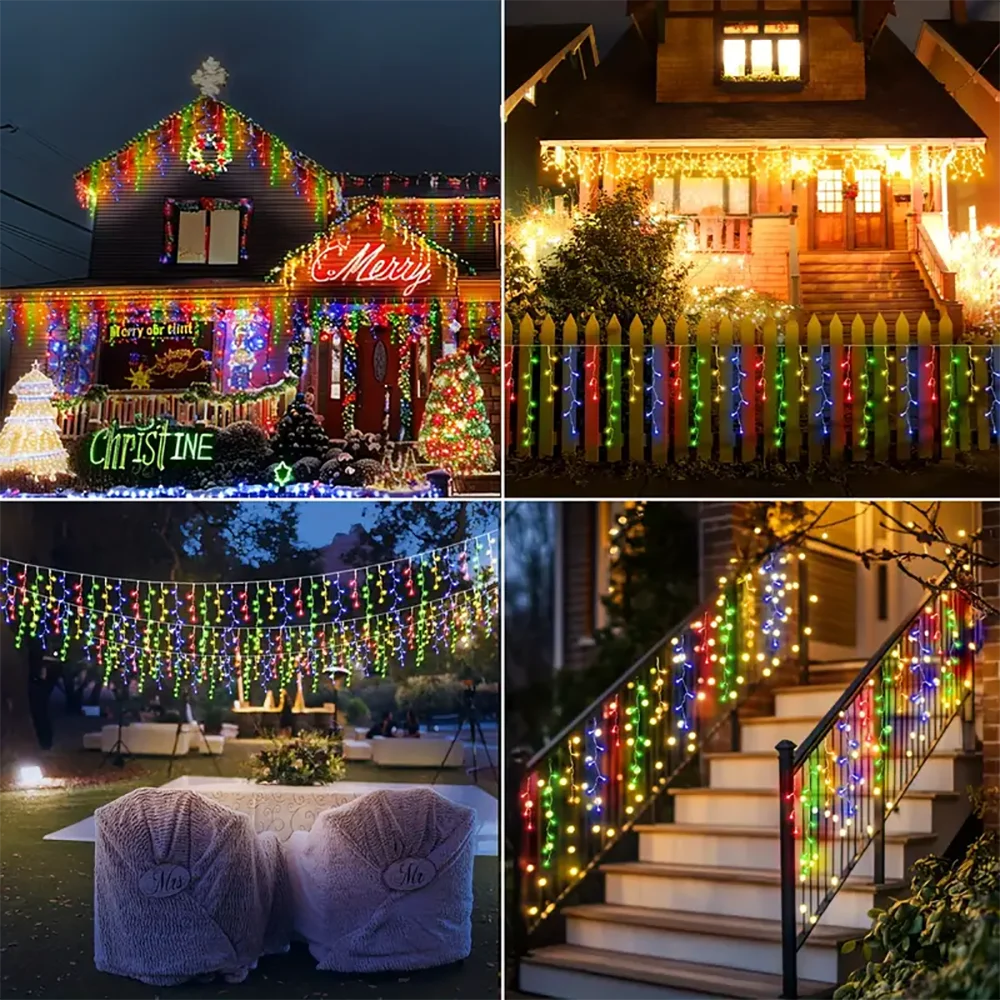 Solar Outdoor Icicle Lights 96/162 Leds Christmas Decorative String Lights 8 Lighting Modes Flashing Fairy Holiday String Lights